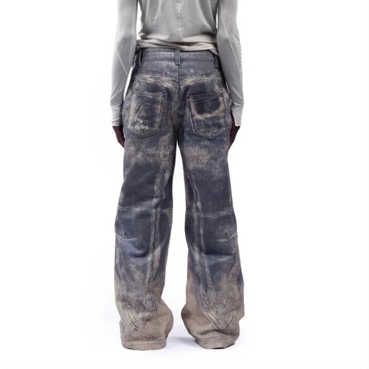 Wide Leg Washed Distressed Pattern Same Neutral Printed Jeans